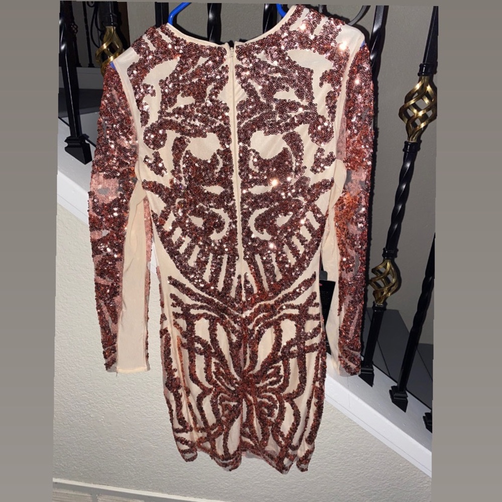 This is a bebe dress it’s rose gold very fun and sparkly with rose gold sparkles